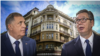 Predsjednik RS Milorad Dodik i predsjednik Srbije Aleksandar Vučić, u pozadini zgrada Srpske akademije nauka i umetnosti u Beogradu, ilustracija