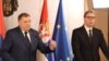 Претседателот на Србија Александар Вучиќ и претседателот на Република Српска Милорад Додик на прес-конференција по средбата во вилата „Мир“ во Белград, Србија, 14 април 2023 година.