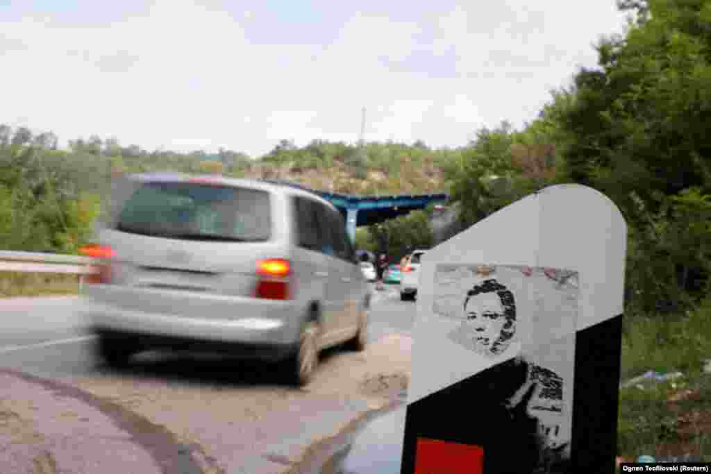 A sticker with an image of Serbian President Aleksandar Vucic near the Jarinje border on September 1. Serbia views Kosovo as part of its territory and rejects the authority of Pristina over the region. Kosovo’s independence is partially accepted internationally, with around half of UN member states recognizing it as an independent state.