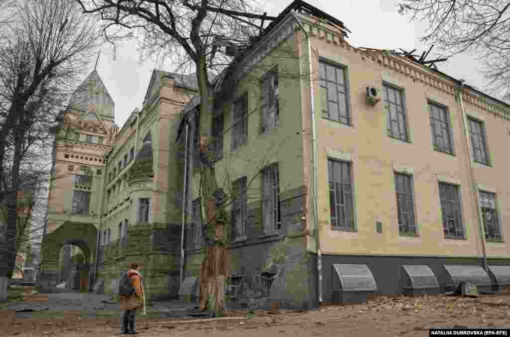 The Korolenko Chernihiv Regional Universal Scientific Library, built in 1910-1913 and seen here on March 30, suffered damage from a Russian attack.
