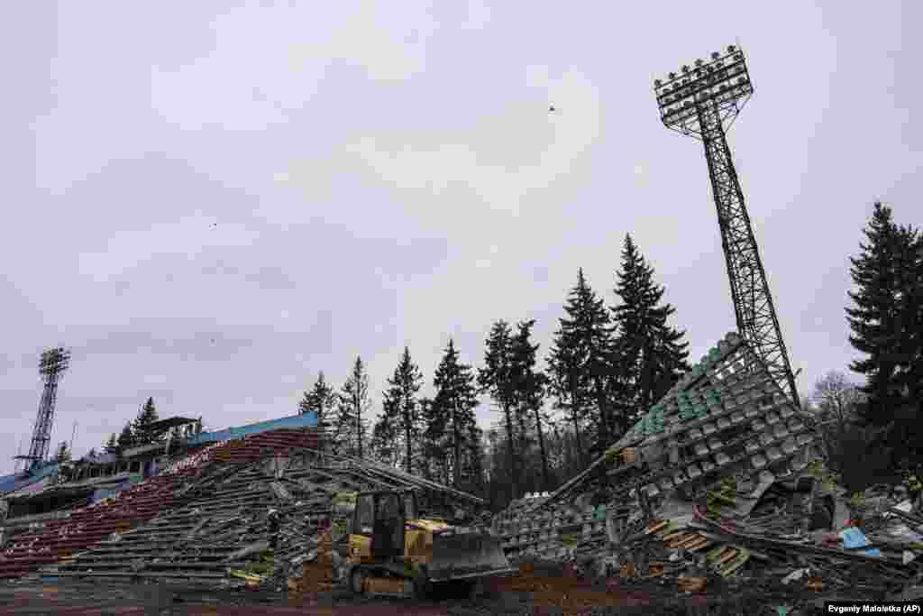 The Chernihiv Olympic sports training center, which was once named after the first man in space, Russian cosmonaut Yuri Gagarin, was destroyed by Russian shelling. It is seen here on April 13.