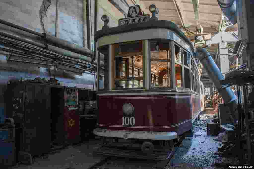 A historical tram at a depot in Kharkiv on March 12, which was reportedly damaged by Russian shelling,