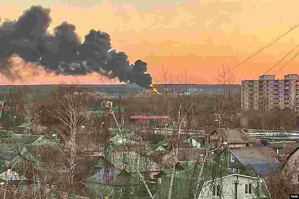 December 6: An oil-storage tank burns at an airfield in Kursk, a town around 90 kilometers from the Ukrainian border. The regional governor blamed the blaze on a drone attack. Ukraine is widely believed to have been behind the strike. 