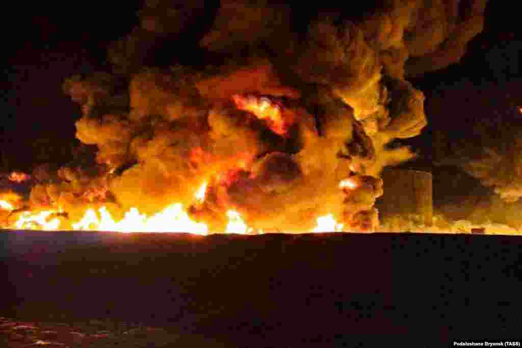 November 30: A massive blaze engulfs diesel fuel tanks in the Surazh district of the Bryansk region in western Russia. Unconfirmed reports blamed the fire on incendiary explosives dropped from a drone. 