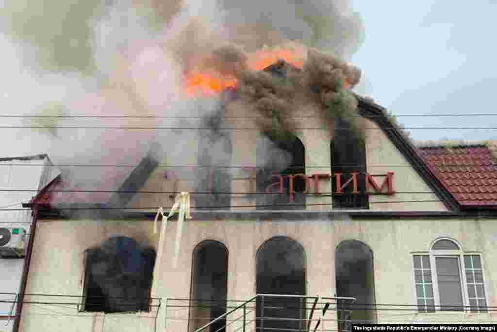 December 7: A fire burns in a shopping center in Nazran, Ingushetia, in the North Caucasus region. The fire reportedly began with an explosion caused by gas, and injured four people. 