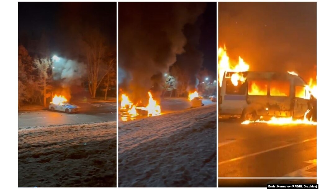 Горящие автомобили в ночь на 5 января в Алматы
