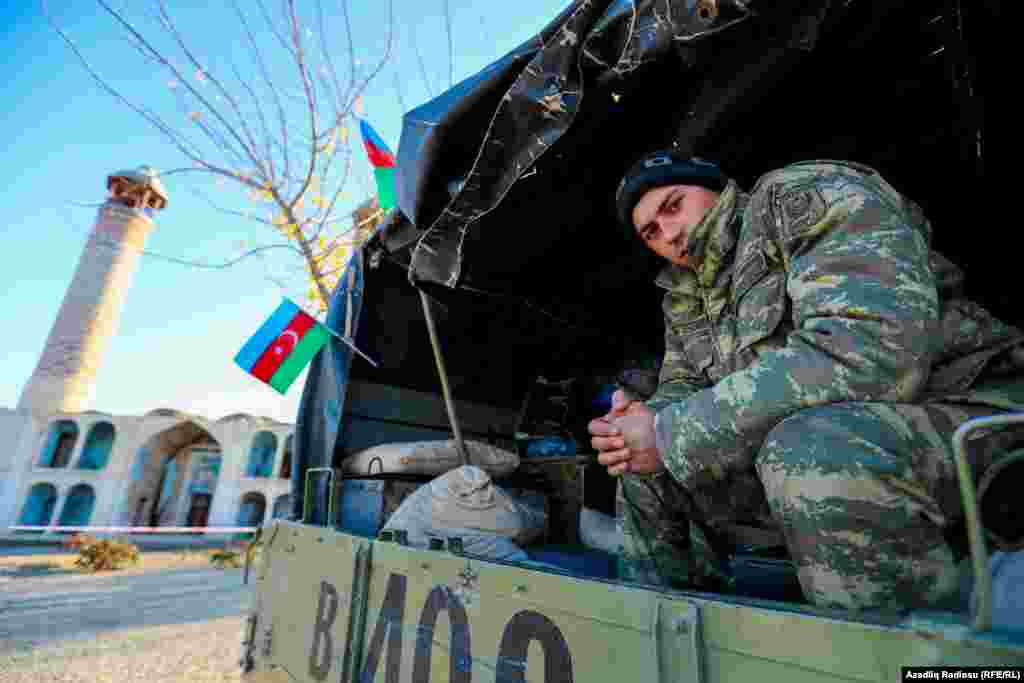 Azerbaijani soldiers in the town of Agdam on November 24 