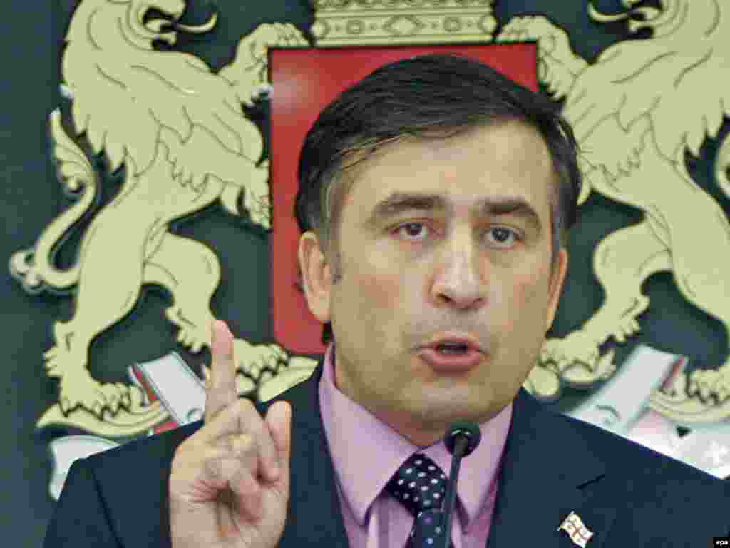 Georgian President Mikheil Saakashvili speaks at a news conference in Tbilisi. He said that "there is a large-scale military aggression going on against Georgia" and announced a "total mobilization" of Georgian military forces.