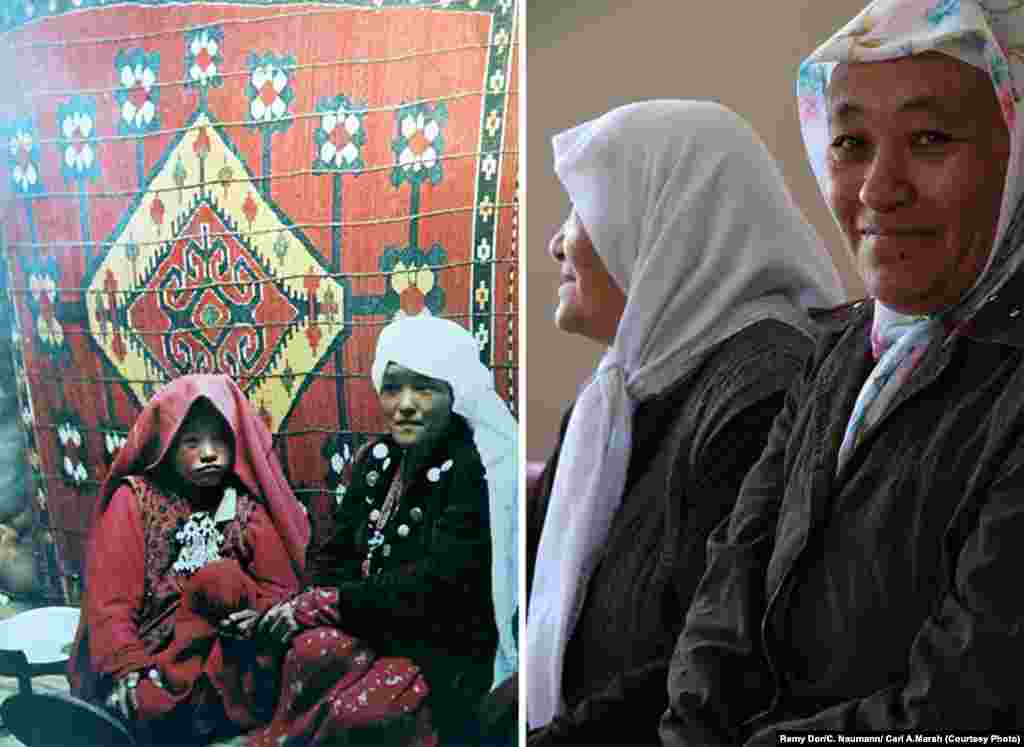 On the left, a photo of sisters Altyn and Marbet in the Pamir region in the 1970s. On the right, a photo of the sisters today in the Lake Van region of eastern Turkey. They say that in their new home, they cannot freely speak their language or wear their silver jewelry and Pamir clothes.