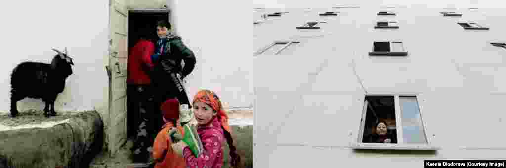 Left (in Bardara): Garibsulton has two children. She moved to Moscow several years ago after her husband, a schoolteacher, died of cancer. She works in a shopping mall cleaning dishes at an Uzbek cafe run by a man from Azerbaijan. Right (in Moscow): Garibsulton lives in a dormitory for migrant workers near the shopping mall. She pays 3,000 rubles per month and gets free meals. This is a good arrangement; she is able to send almost all her salary back home. 