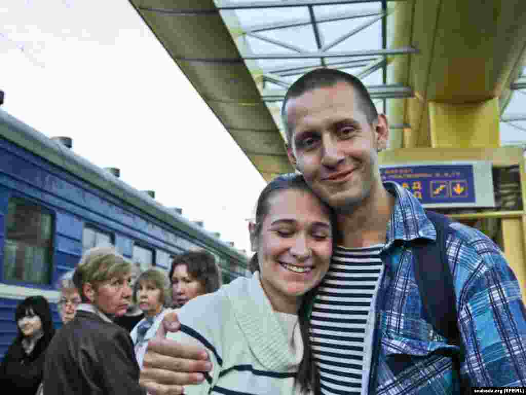 Kirkevich's wife met him at the train station in Minsk. His postelection imprisonment cut short their honeymoon.