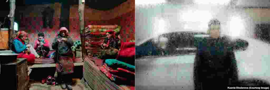 Left (in Bardara): In winter, Tajik women knit traditional Pamir dzhurabs, brightly colored socks from goat or yak wool. This is Faridun's home. His brother, who has just returned from Russia, is sleeping. Right (in Moscow): Faridun works at a car wash outside Moscow. In January, his wife had a baby girl. When he next sees her, she will be 18 months old. 