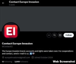 Nakon što je RFE/RL poslao molbu za intervju "Stefanu" na njegov nalog, ime na mreži X je promenjeno uz tvrdnju da je "Europe Invasion" preuzet. Novembar 2024.