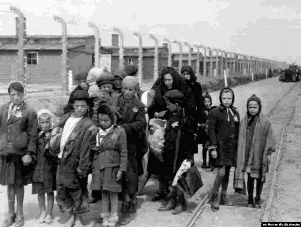 На фота справа: 1944 год. Жанчына з дзецьмі накіроўваецца ў газавую камэру. На заднім фоне відаць драўляныя баракі - гэта лягер «Біркэнаў», які дадаткова быў пабудаваны ў «Аўшвіцы». Пасьля вайны гэтыя будынкі былі разбураныя, але цагляныя сьцены і коміны захаваліся.