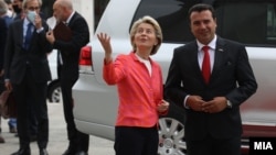 European Commission President Ursula von der Leyen meets with the prime minister of North Macedonia in Skopje on September 28.