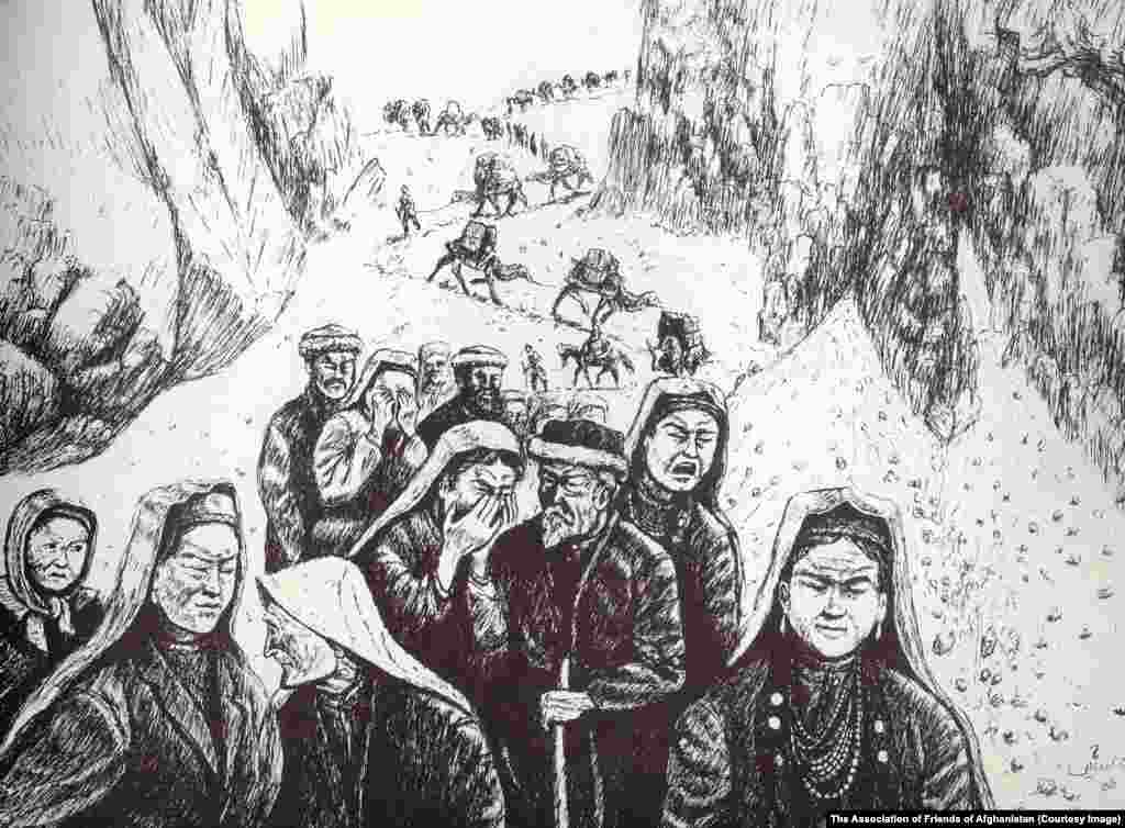 A drawing by Malik Kutlu shows Kyrgyz refugees fleeing Afghanistan after the communist takeover in Kabul in 1978. Many lived as refugees in Pakistan for years, before the Turkish government offered to help them settle in the Lake Van region.