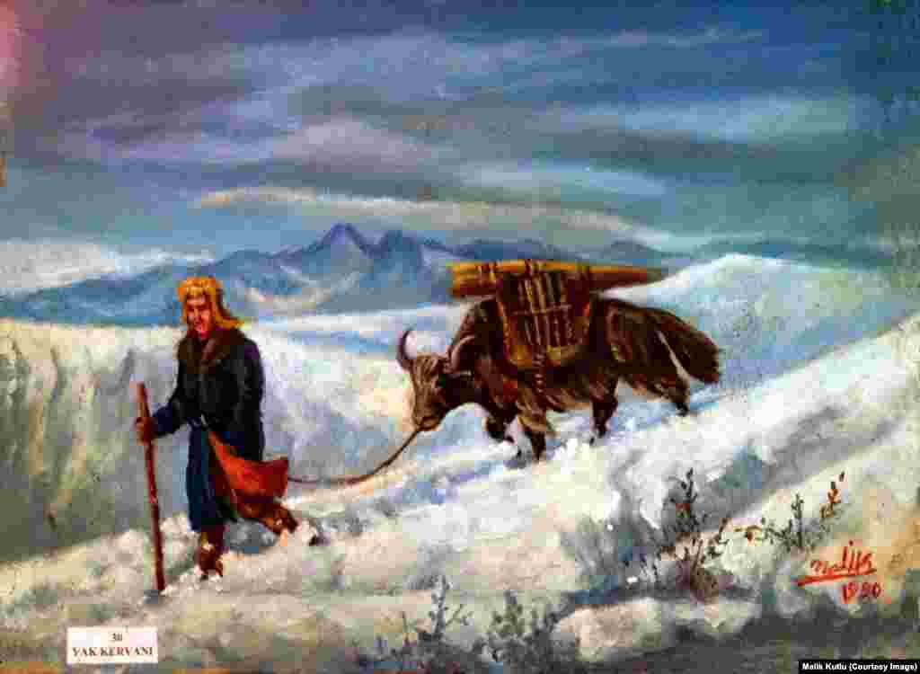 A painting by Malik Kutlu shows a nomad with a yak in Afghanistan&#39;s Pamir Mountains. A small Kyrgyz community remained in Afghanistan after most others emigrated in 1978. They live with virtually no infrastructure, schools, or health care in the remote Wakhan district, which borders China.